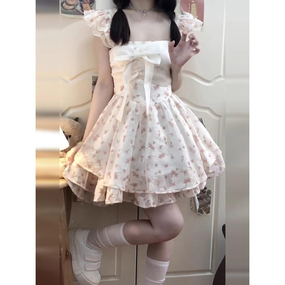 Sweet little flying sleeve bow dress female summer princess puffy skirt waist small short skirt