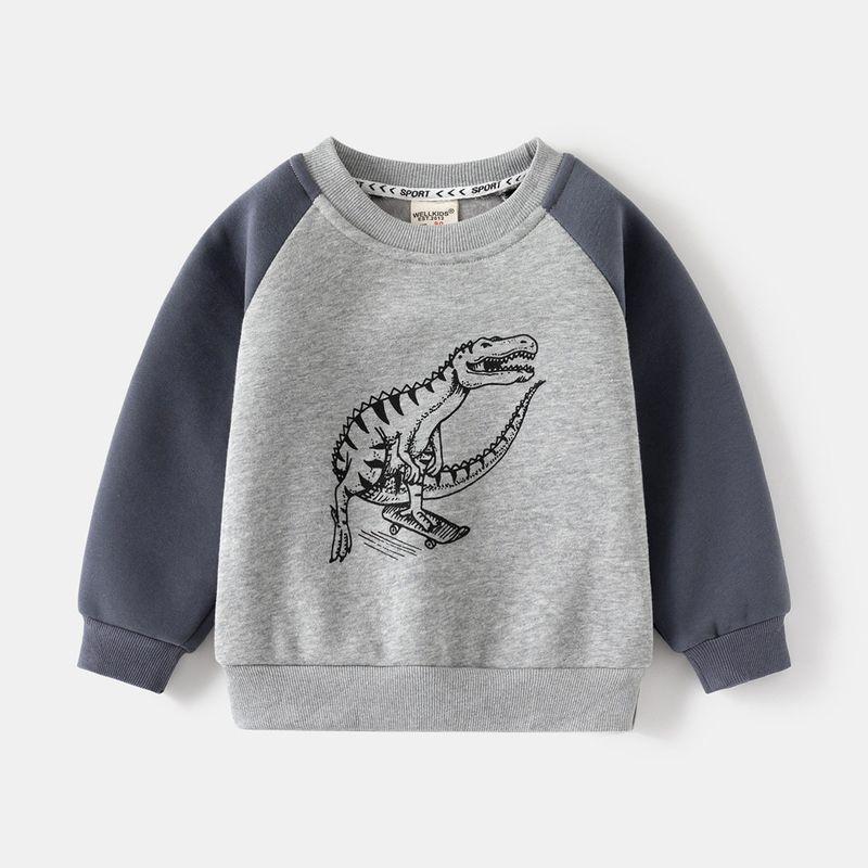 Boys' Fleece-Lined Sweater Autumn and Winter Children Single-Layer Fleece-Lined Long Sleeves Outwear Children Dinosaur Raglan Sleeve Pullover Tops