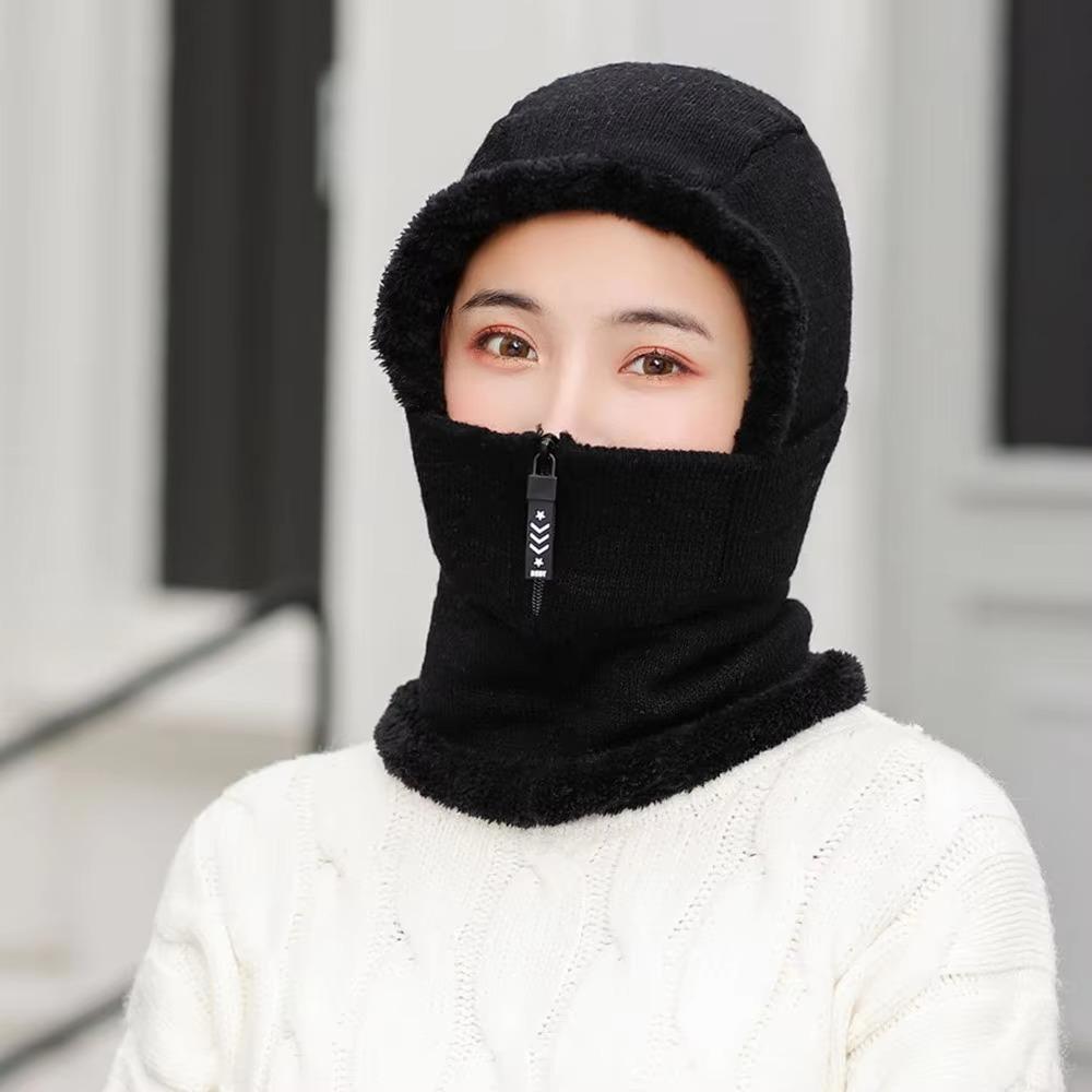 Zipper Hooded Thermal Cap Thickened Knitted Balaclava Cap Simple Knitted Scarf Hat  Outdoor