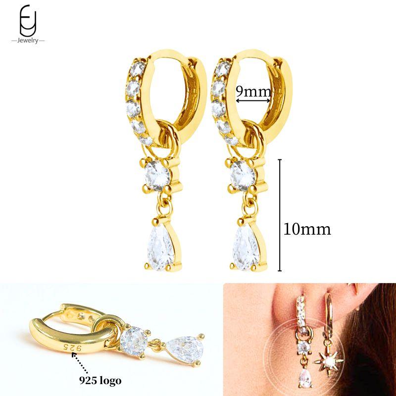 925 Silver Ear Needle White Crystal Gold Earrings for Women Luxury Water drop/Heart/Flower Pendant Earring Fine Jewelry