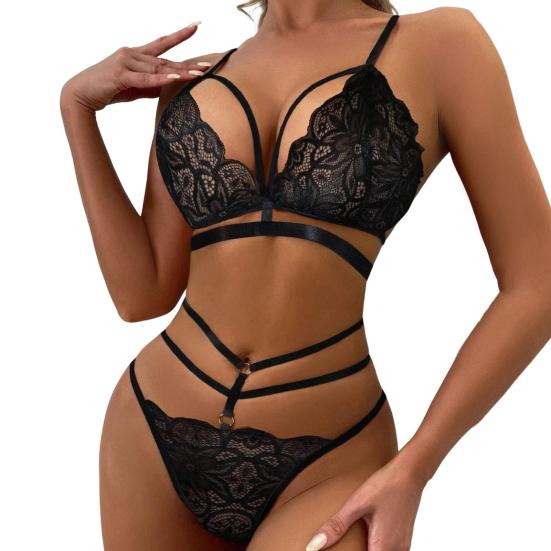 2 Pcs/Set Bra Briefs Set See-through Lace Embroidery Hollow Out Multi Straps Solid Color Thin High Waist Night Honeymoon Valentines Day Underwear Set