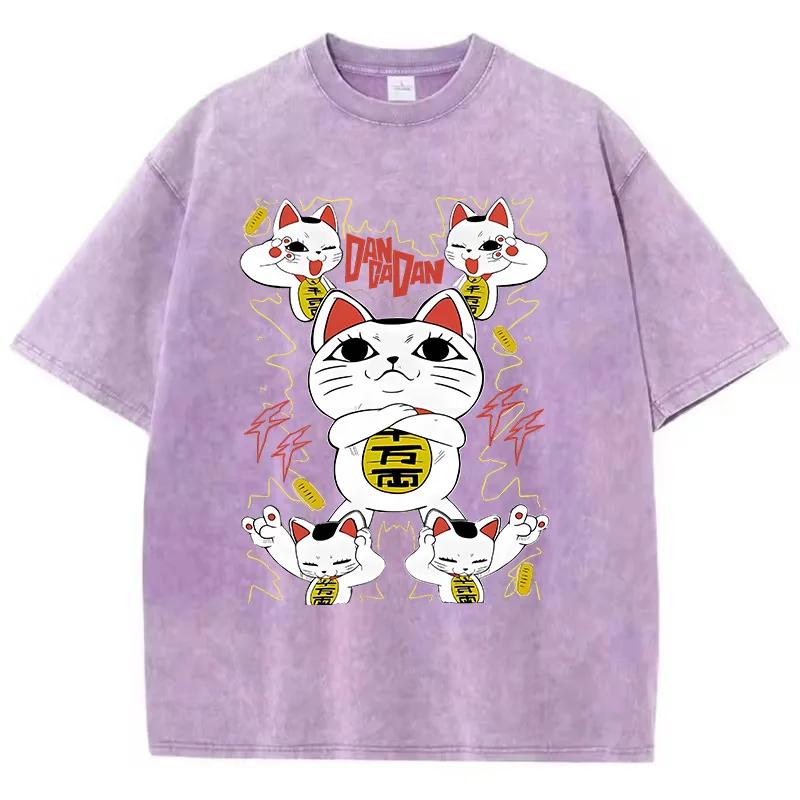 Summer Men Japanese Anime T Shirt Washed Cotton Vintage Aesthetic Cartoon Graphic Streetwear Loose Daily Tops