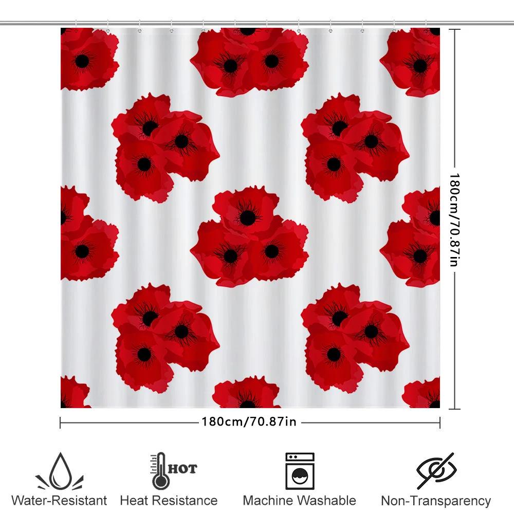 Red Poppy Shower Curtain Waterproof Fabric Decor for Bathroom Walls 3D Printed Design Available in Multiple Sizes
