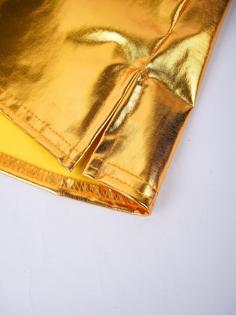 Women Fashion Metallic Faux Leather Split Skirt Night Club Pole Dancing Low Waist Elastic Waistband Miniskirt
