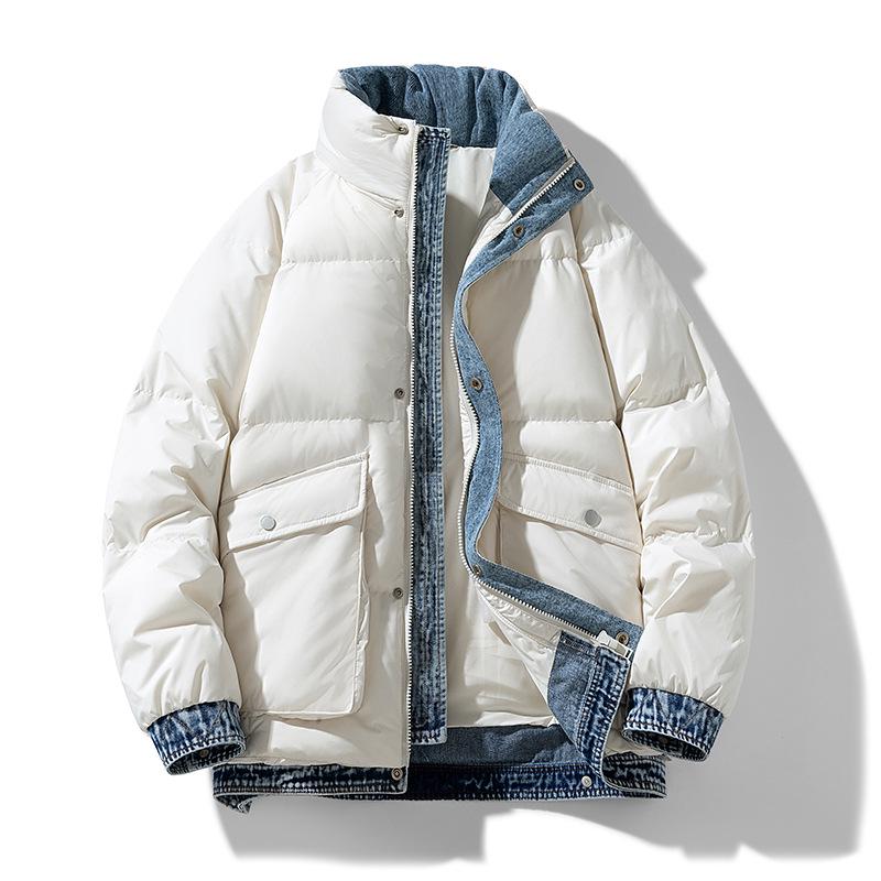 

Men s Trendy Denim Patchwork Down Jacket: Warm, Loose, Stand Collar, Versatile Streetwear XXXL брудно-білий