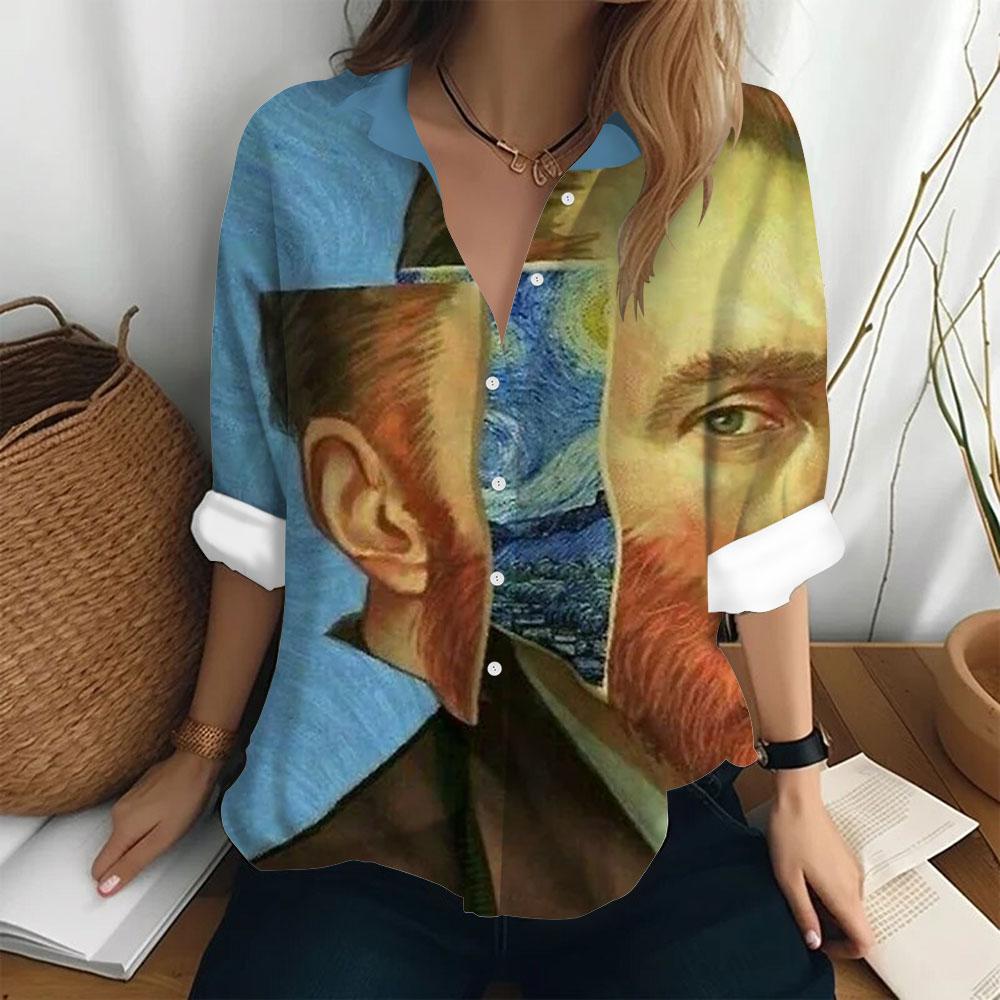 

Women s Trendy Shirt Van Gogh Oil Painting Printed T-shirt Loose Button Top Clothing Street Fashion Lapel Jacket Women s Shirt 5XL