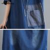 Rochie de denim supradimensionată pentru femei, în stil coreean, de vară, cu glugă, albastră, de dimensiuni mari, ocazională, midi, largi, rochie vintage largi cu mâneci scurte, cu buzunar