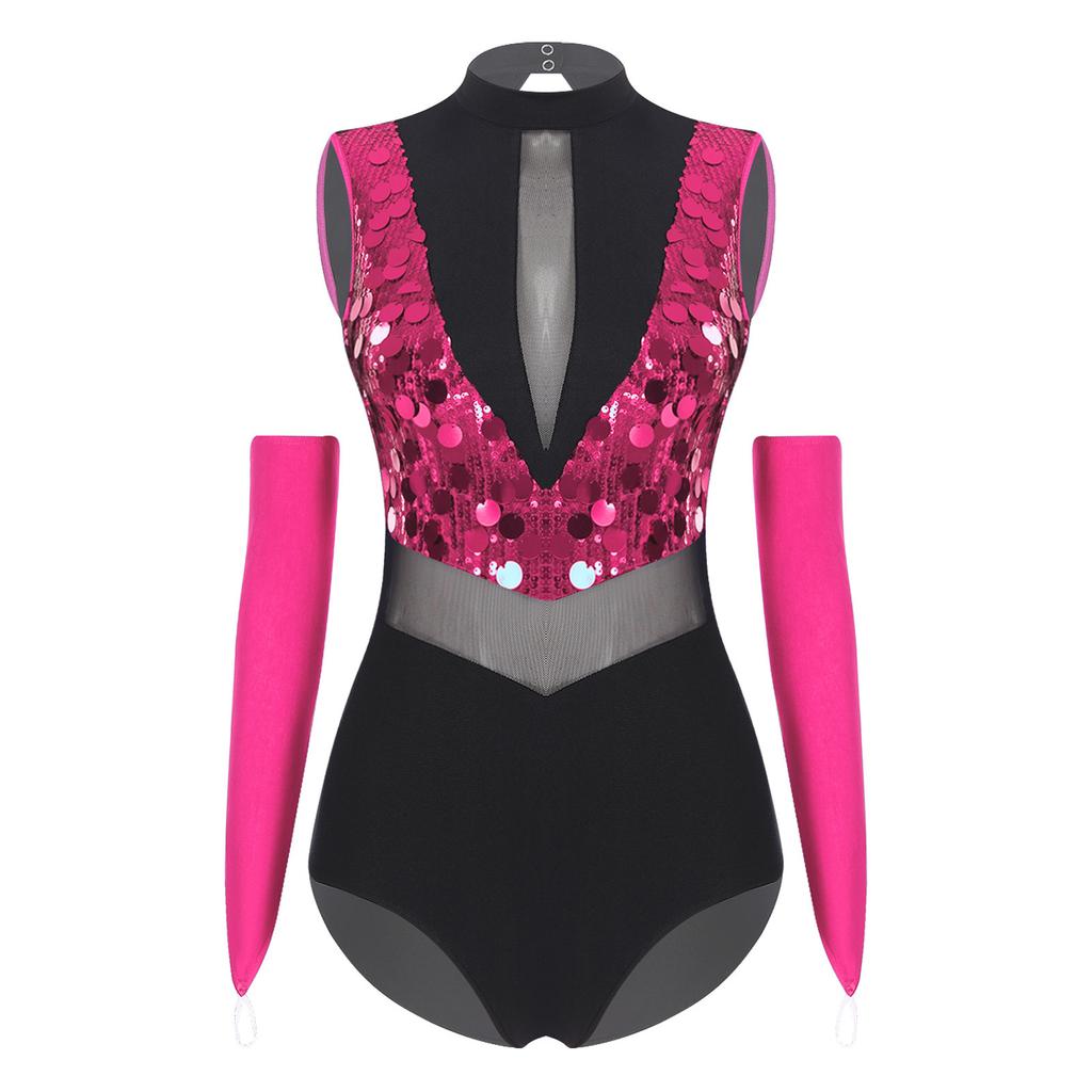Women Shiny Sequin Leotard Gymnastics Dance Performance Outfit Mock Neck Sleeveless Sheer Mesh Waist Cutout Back Bodysuit