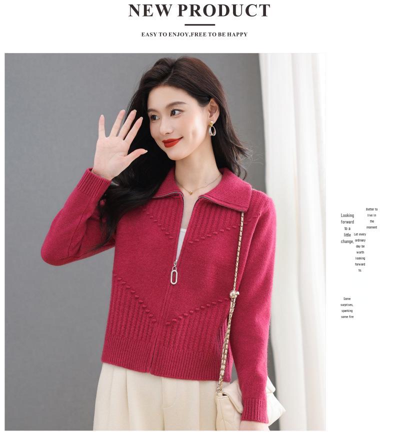 Damen Schlankmachende Mode Revers Reißverschluss Strickjacke Jacke, Kurzer Langarm Pullover Mantel für Herbst/Winter 2025