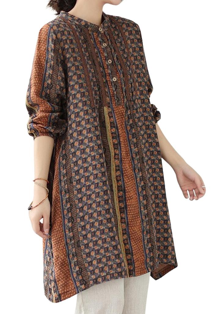 [Second Roots] Tunic Dress – Checkered Retro Casual Style for Women, Brown, 4S-R09-BRM, Size M