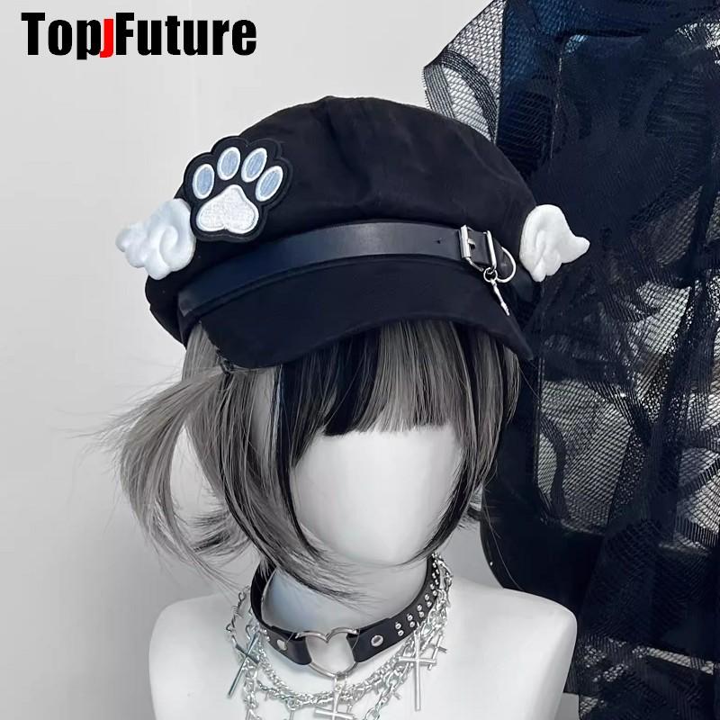 Toptan Özel Yapım Kişiselleştirilmiş Kadın Harajuku Gotik Lolita Bere Şapka Y2K Kız Melek Kanadı Köpek Köpek Pati El Yapımı Güneş Şapkaları