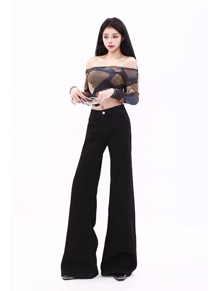American Low-Waisted Slimming Black Flare Jeans - Cute Casual Wide Leg Duster Pants