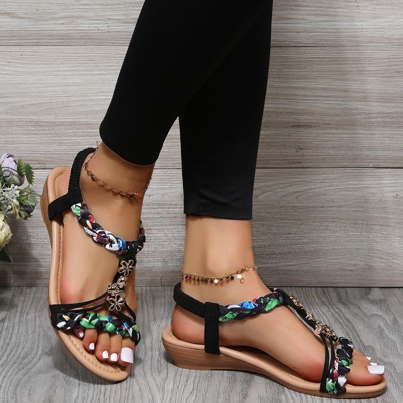 

Large size fashion sandals women s metal color matching elastic band open-toed beach shoes 36