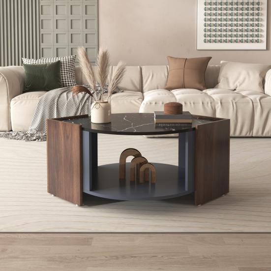 Double Layer Coffee Table Table Structured Made of Marble Dining Walnut in Contrasting Colors Living Room with Unique Lines Tea