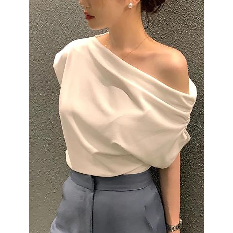 Korean Elegant Summer Off Shoulder Top Women One Shoulder Loose Casual Short Sleeve T Shirt Fashion Basic Blouse Lady Spring Sum