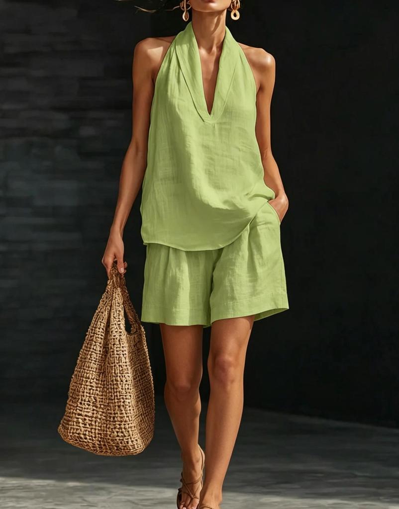 Vintage Style Women's Linen Suit: Loose V-Neck Top & Wide Leg Pants Two-Piece Set for Summer
