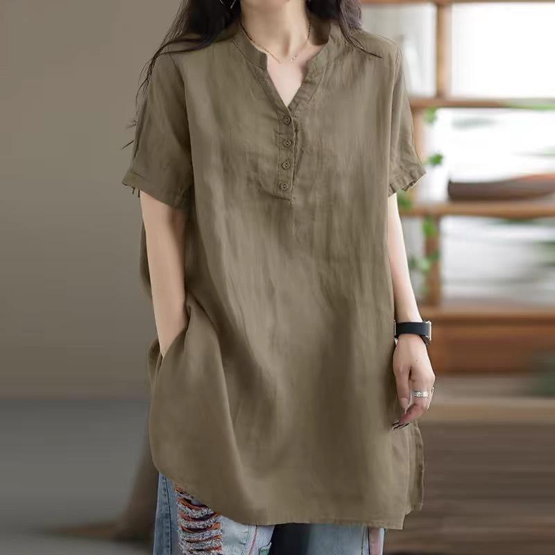 

2026 Women s Retro Art Linen Short-Sleeve Shirt Dress XL хаки