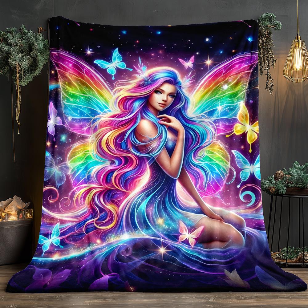 Winged Fairy Print Flannel Blanket Lightweight Soft Warm Throw For Camping Picnic Travel Bedroom Office Friend Family Gift