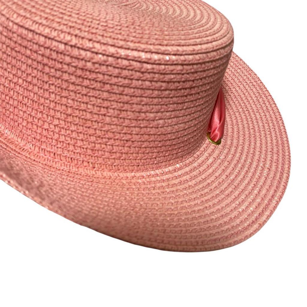 [USED] Excellent Condition Big Bang Fiberglass Straw Hat with Pink Ribbon, Perfect for Summer, Made In Japan