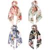 Duo Ling Summer Satin Print Scarf & Hair Tie Set - Triangle Scarf and Long Ribbon Hair Accessories