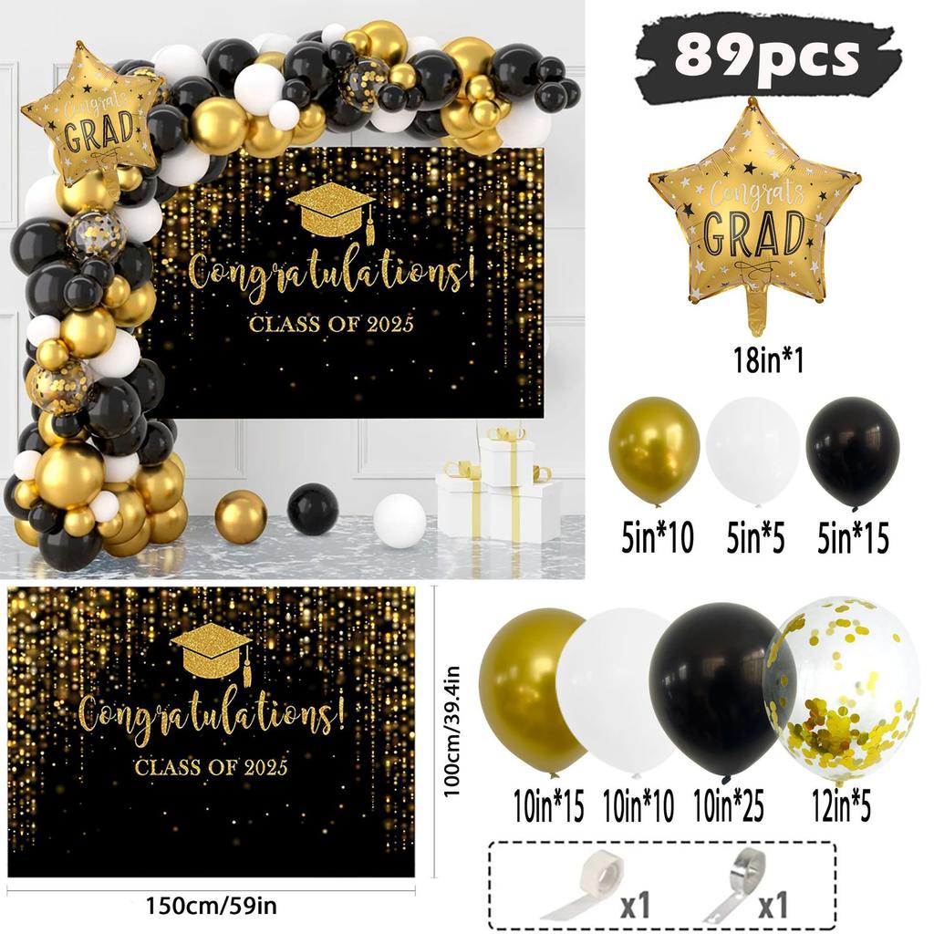 Bakgrundsduk för examenssäsong Svart Guld Tema Med Ballongset Skolgårdsfest Festival Ceremoni