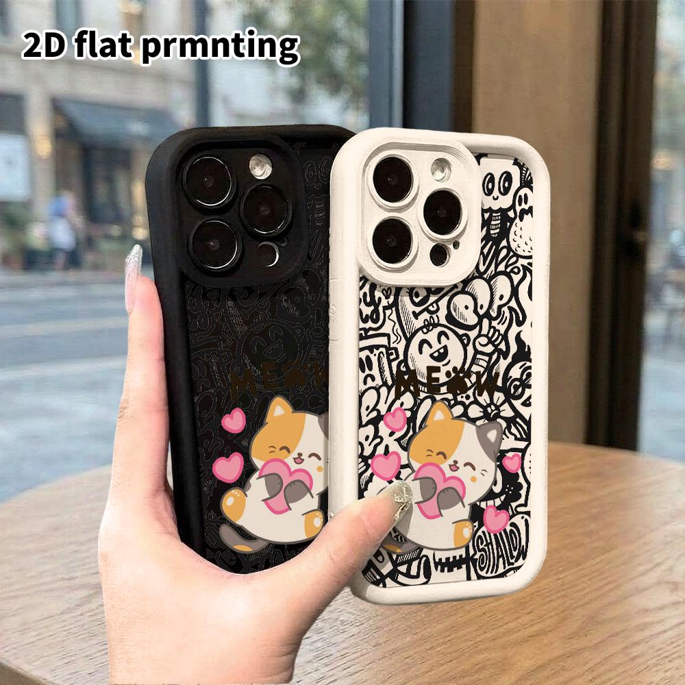 Phone case: 2D flat design suitable for iPhone 18 17 16 15 14 13 Pro tiered protective case, little heart cat, Christmas and Halloween gifts