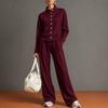 Women Stand Collar Button Front Track Suit Set Long Sleeve Top Wide Leg Pants Two Piece Outfit