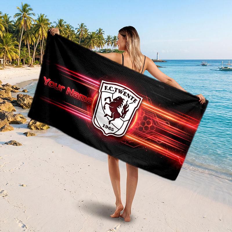 FC Twente Custom Beach Towel, Personalized Name Text Print, Football Logo Soft Quick‑Dry Towel Holiday Gift