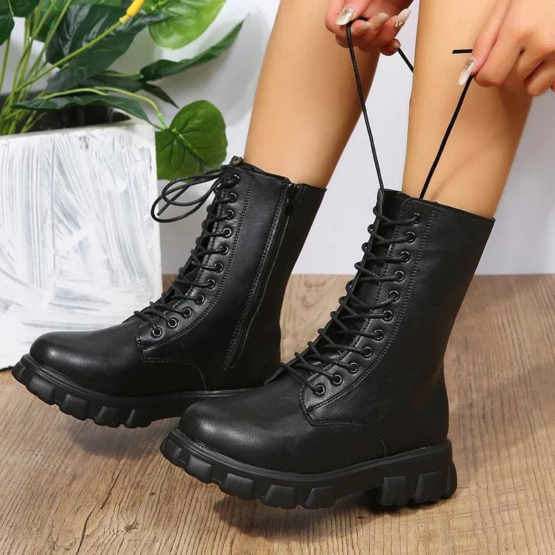 Fashion 2025 Boots Women  Autumn Winter PU Leather White Ankle Boots Motorcycle Female Chunky Heels Platform Boots