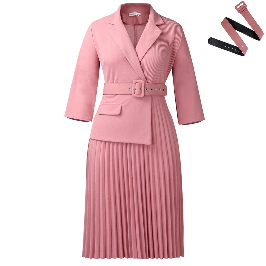 European & American Women's Autumn/Winter Pleated Suit-Collar Dress