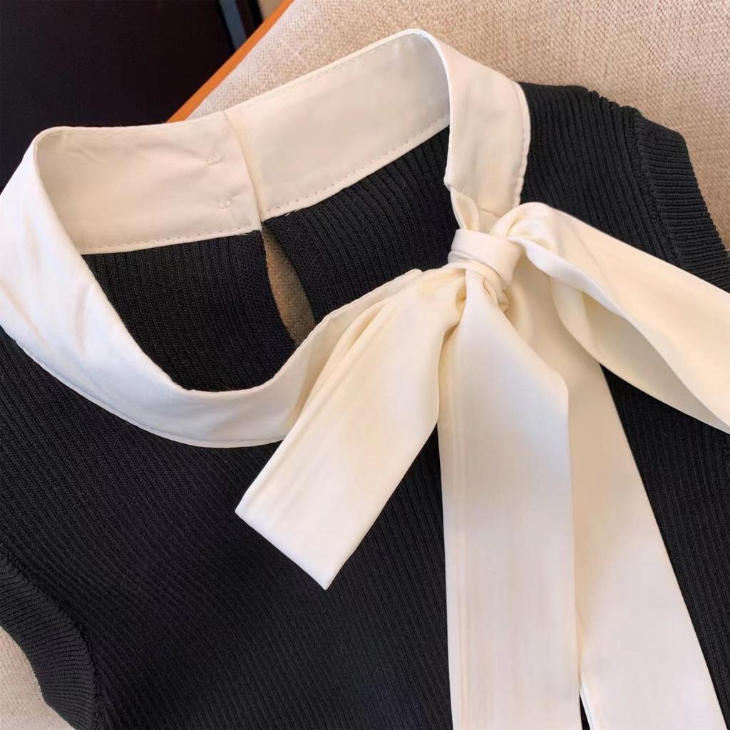 Summer Women Sleeveless Lace-up Collar Solid Knitted Sweater Tops