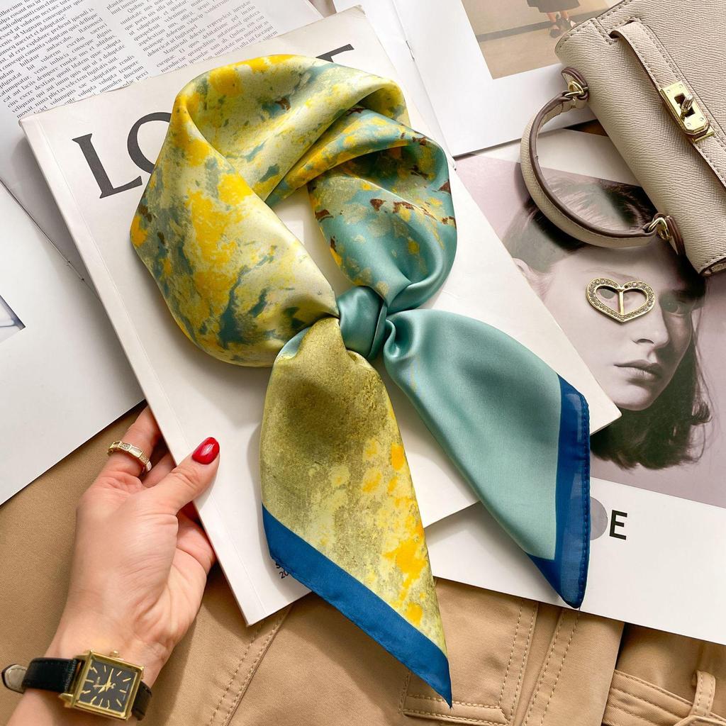 70cm Autumn Retro 3D Print Silk Scarf - Women's New Professional Square Imitation Ribbon