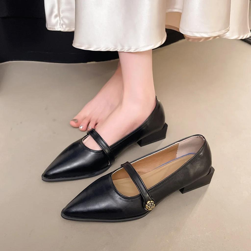 Fashion Retro Low Cut High Heels Women's Magnolia Buckle Chunky Heel Single Shoes Pointed Toe Elegance Mary Janes for Adult Ladies 2025