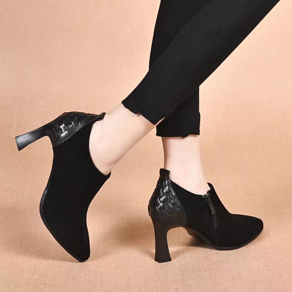 Fashion High-heeled Deep-mouth Single Shoes Women's Spring New Temperament Pointed Sheepskin Black Woven Side Zipper Bare Boots