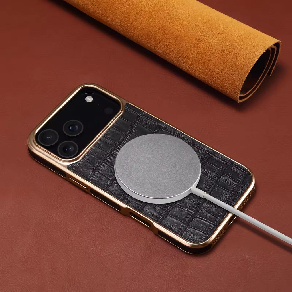 Oryginalne etui na telefon ze skóry bydlęcej dla iPhone 17 16 Pro Max Air 17Pro Galwanizowane etui z wzorem krokodyla Ładowanie bezprzewodowe