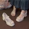 Fashion Block Heel High Heels Women Spring and Autumn New Round Toe Shallow Mouth Crystal Buckle Mary Jane Wedding Shoes