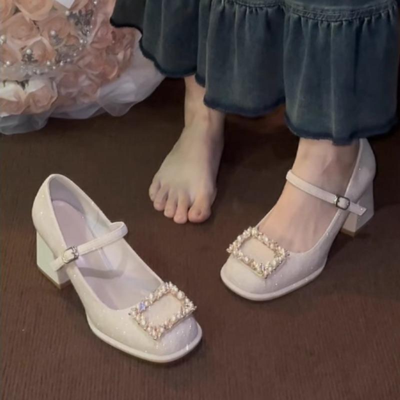Fashion Block Heel High Heels Women Spring and Autumn New Round Toe Shallow Mouth Crystal Buckle Mary Jane Wedding Shoes