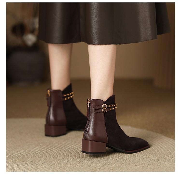 Fashion 2024 Winter Fashion Ankle Women's Boots Brand Modern Boots Women Sewing Rivet Buckle Square Toe Med Heel Back Zip Shoes Female