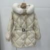Autumn and winter new big fur collar down jacket women's medium and long rhombus grid waist thin white duck down jacket tide