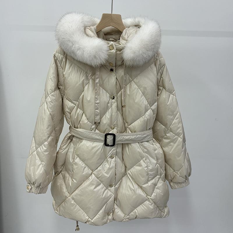 Autumn and winter new big fur collar down jacket women's medium and long rhombus grid waist thin white duck down jacket tide
