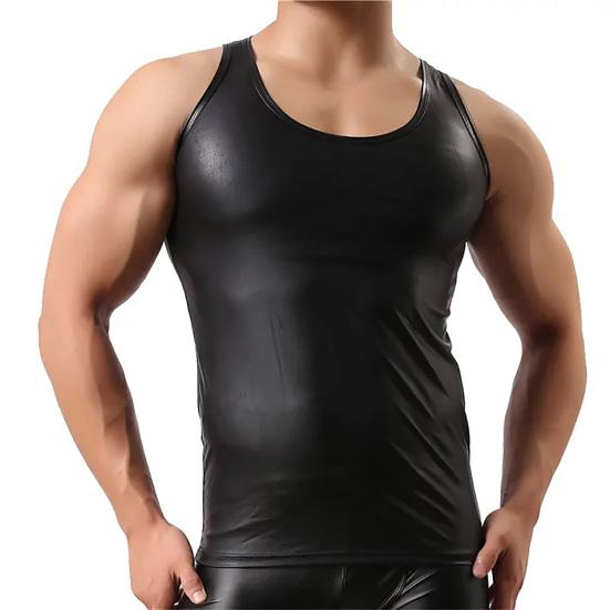 Men Club Vest Solid Color Smooth Surface Slim Fit Sleeveless Round Neck Cooling Breathable Faux Leather Plus Size Club Tank Top Men Clothes