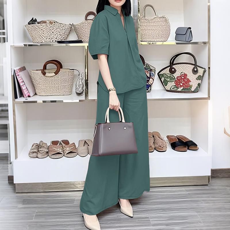 

ZANZEA Женский блузон с коротким рукавом и брюки с широкими штанинами, повседневные комплекты из двух предметов XL зелёный