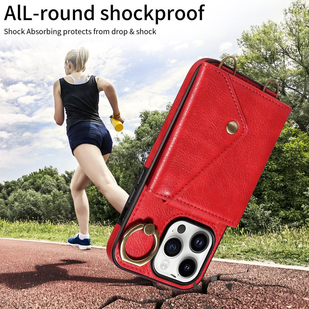 Para iPhone 16 Series.para iPhone 16,16 Plus,16 Pro,16 Pro Max Alça de Ombro Corda Anel Suporte Design Slots para Cartão Padrão Lichee Capa para Telefone