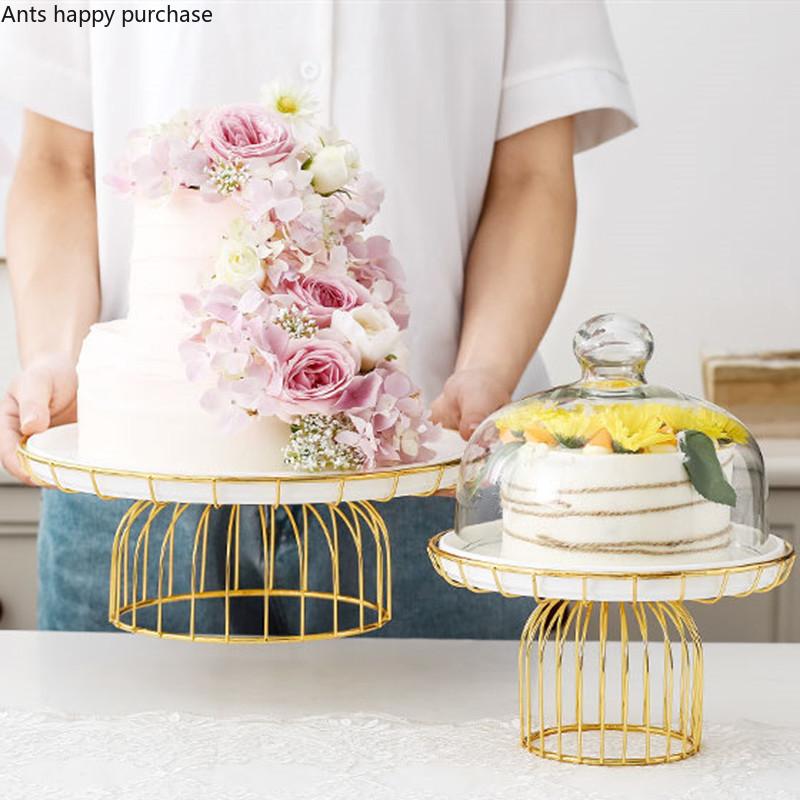 Golden Wrought Iron Cake Plate with Glass Cover Cake Dessert Table Decoration Display Tray with Cover White Ceramic Plate
