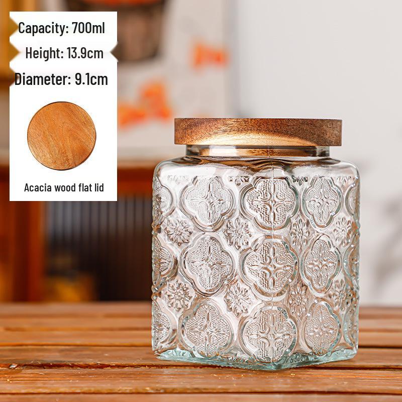 Retro Carved Storage Jar with Acacia Wood Lid for Grains, Dried Fruits, and Snacks