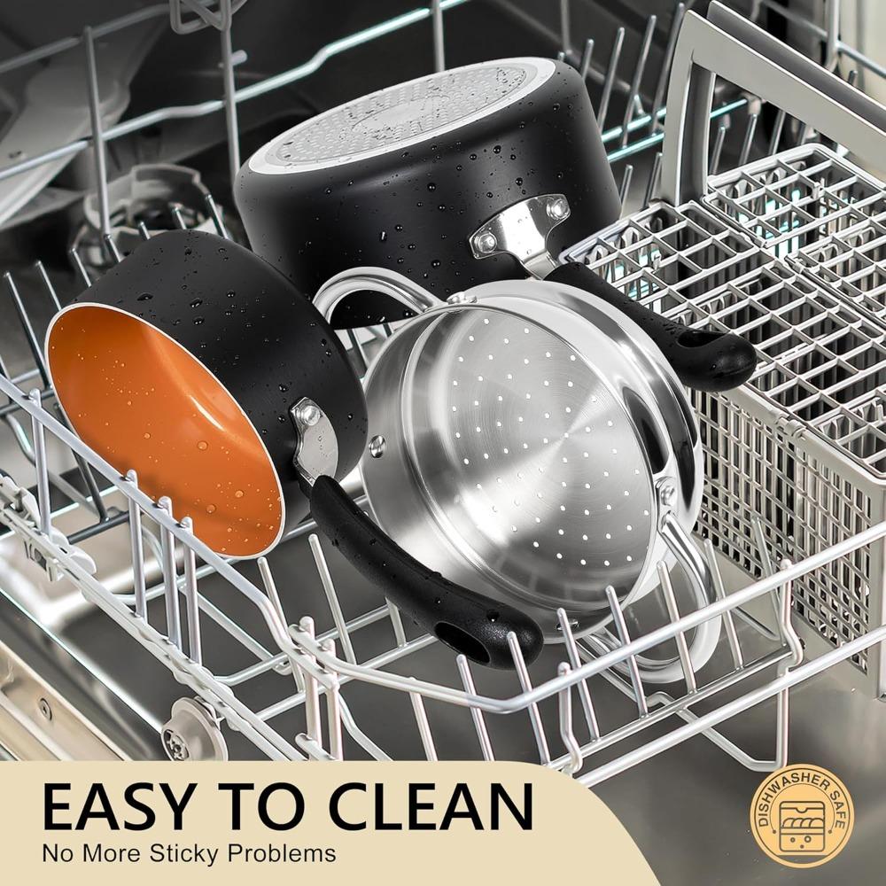 MICHELANGELO Non-stick Cooking Pot with Lid, 1QT and 2QT Ceramic Pot Set (with Steamer), Small Copper Pot Set, PFAS Free