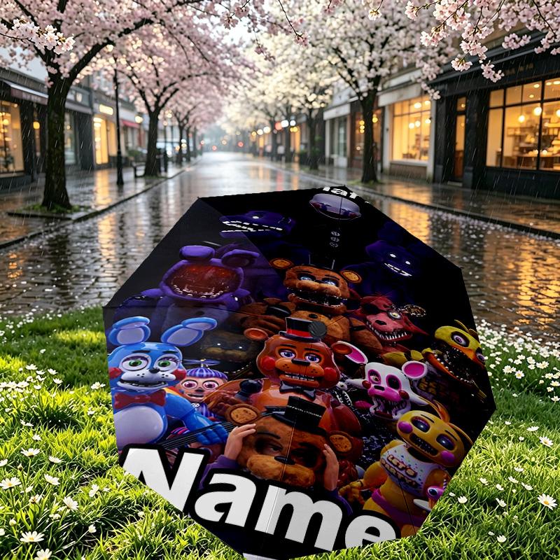 Custom Name Personalized Five Nights at Freddy's Print Umbrella, Auto Open Close, 8‑Rib Sturdy Frame, Commute Camping Hiking Use, Birthday Gift
