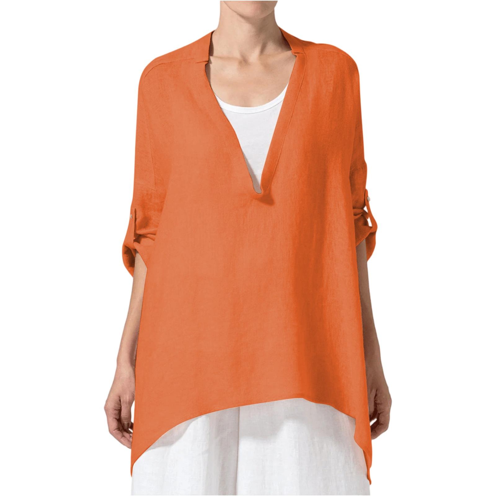 

Модная женская однотонная хлопково-льняная свободная блузка с V-образным вырезом M шафрановый