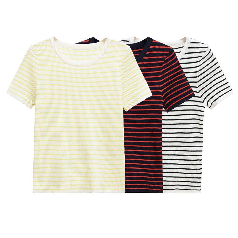 Kaslead New Arrival Women's Clothing Fashion Style Stripes Silm round Neck Short Sleeve Knitting Tops 3519020