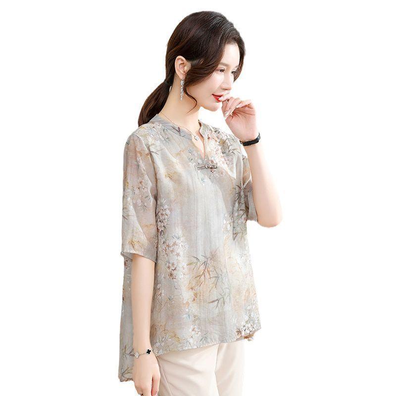 Mom's Summer Outfit, New Short Sleeved Chiffon Shirt,Fashionable Set, Middle-aged and Elderly Women's T-shirt, Upper Garment